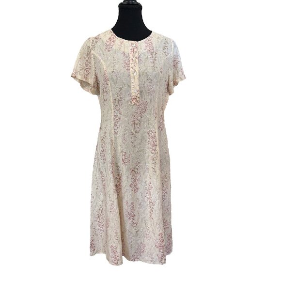 Vintage Lauren Ashley 90s Ivory Floral Linen Blend Dress Size 6 A-Line Midi - Picture 1 of 6